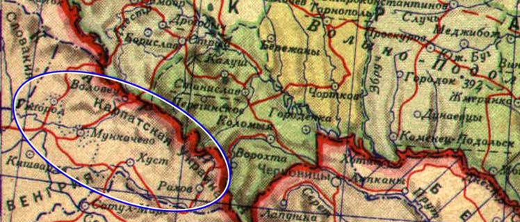 Украинская ССР (вырезка: Закарпатская Украина). Карта 14 из советского Атласа мира 1940 года