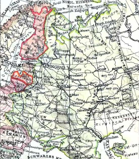 Карта: Европейская часть Советского Союза. Tasсhen-Atlas der Erde, 1940